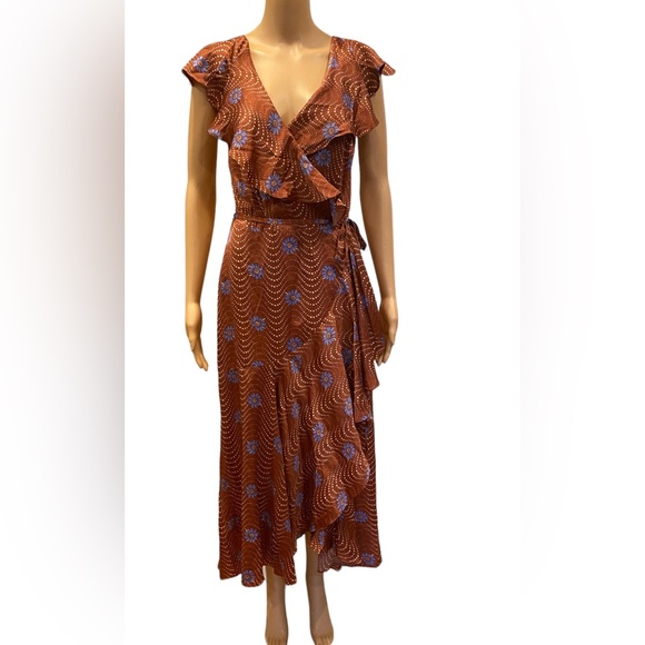 Anthropologie Ruffle Sleeve Printed Wrap Maxi Dress Brown Motif size XS - Picture 5 of 12